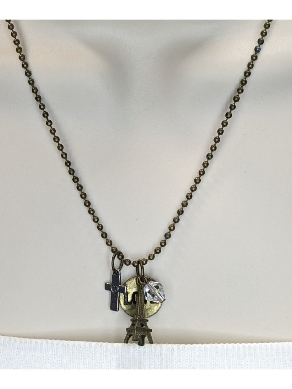 Boho Paris Love Charm Necklace Eiffel Tower Cross Crystal Ball Chain